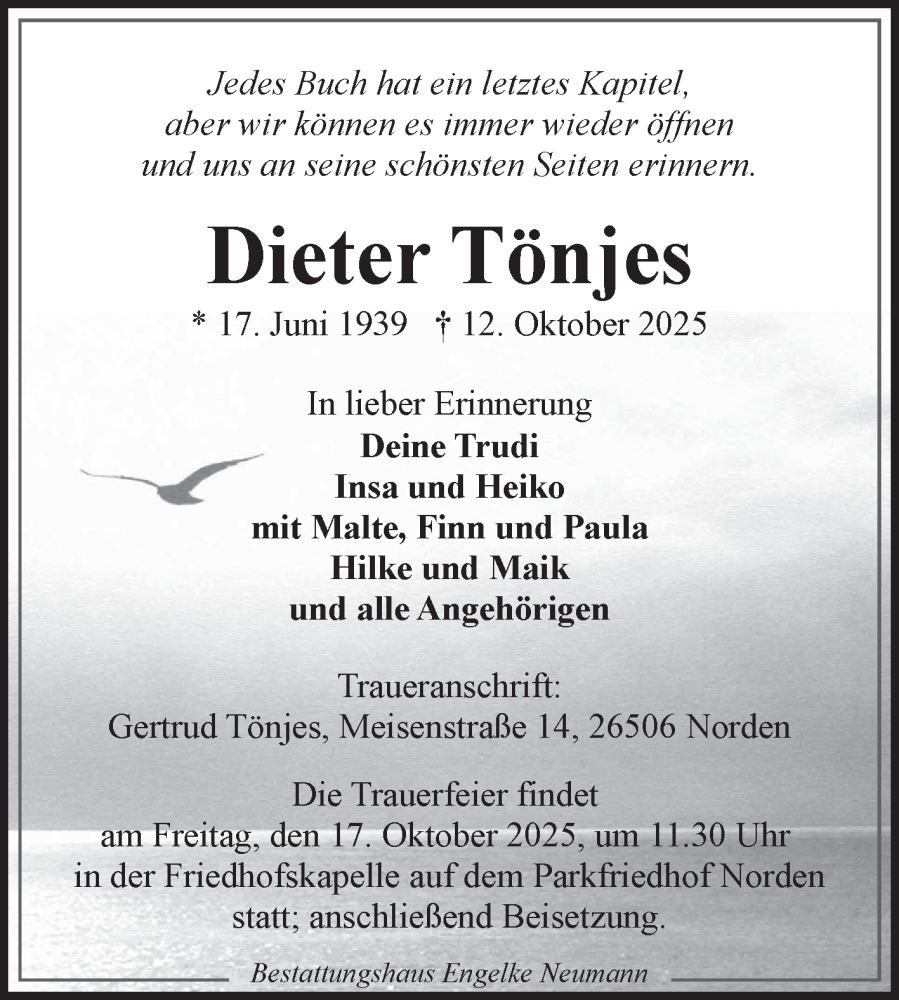  Traueranzeige für Dieter Tönjes vom 16.10.2025 aus Ostfriesischer Kurier
