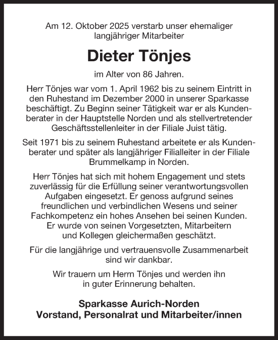Traueranzeige von Dieter Tönjes von Ostfriesischer Kurier