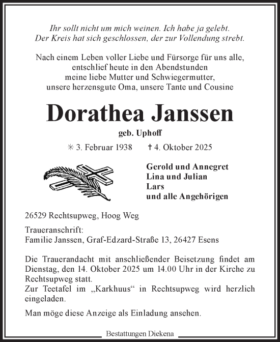 Traueranzeige von Dorothea Janssen von Ostfriesischer Kurier