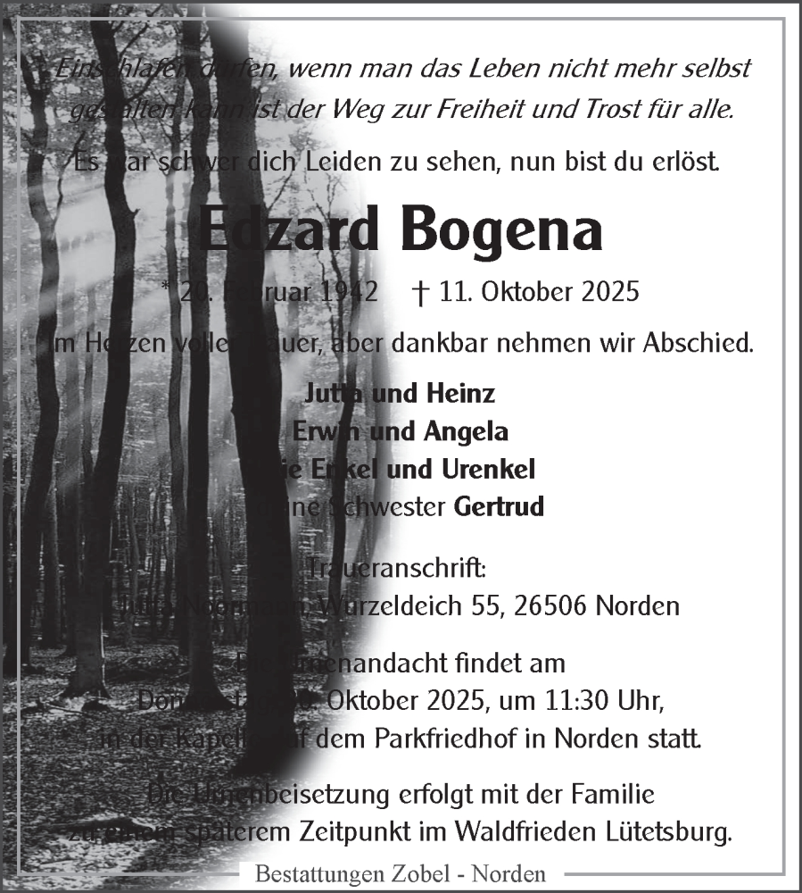  Traueranzeige für Edzard Bogena vom 18.10.2025 aus Ostfriesischer Kurier