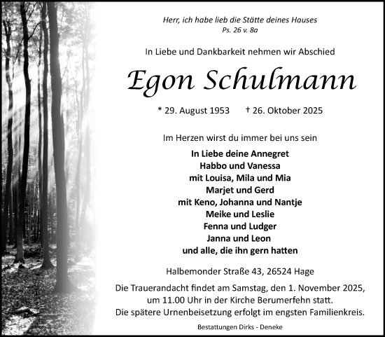 Traueranzeige von Egon Schulmann von Ostfriesischer Kurier