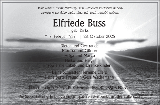 Traueranzeige von Elfriede Buss von Ostfrisischer Kurier
