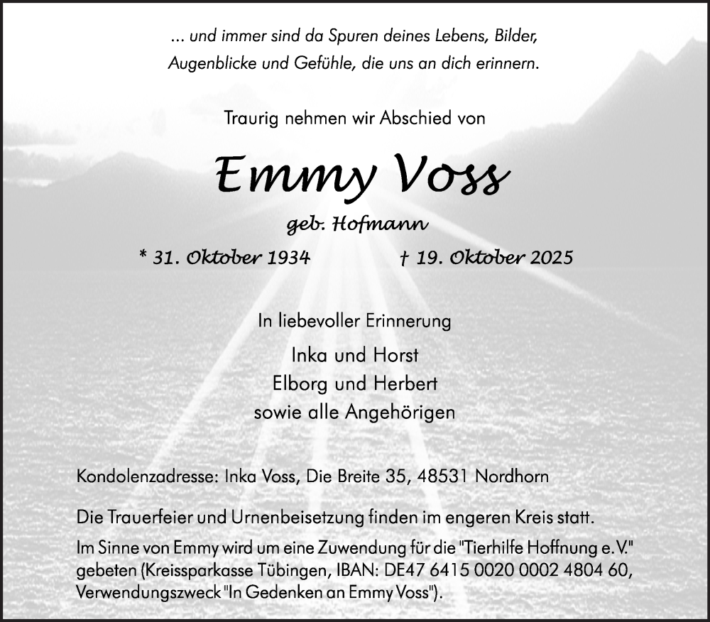  Traueranzeige für Emmy Voss vom 25.10.2025 aus Ostfriesischer Kurier