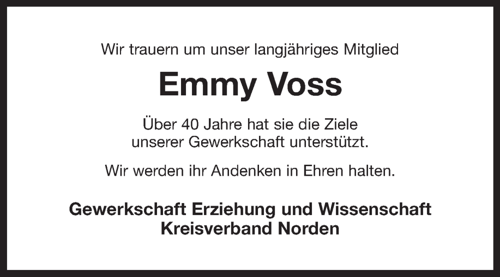  Traueranzeige für Emmy Voss vom 31.10.2025 aus Ostfrisischer Kurier