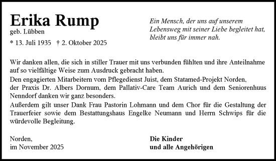 Traueranzeige von Erika Rump von Ostfrisischer Kurier