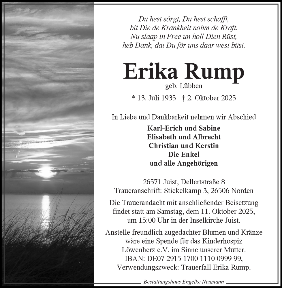  Traueranzeige für Erika Rump vom 07.10.2025 aus Ostfriesischer Kurier