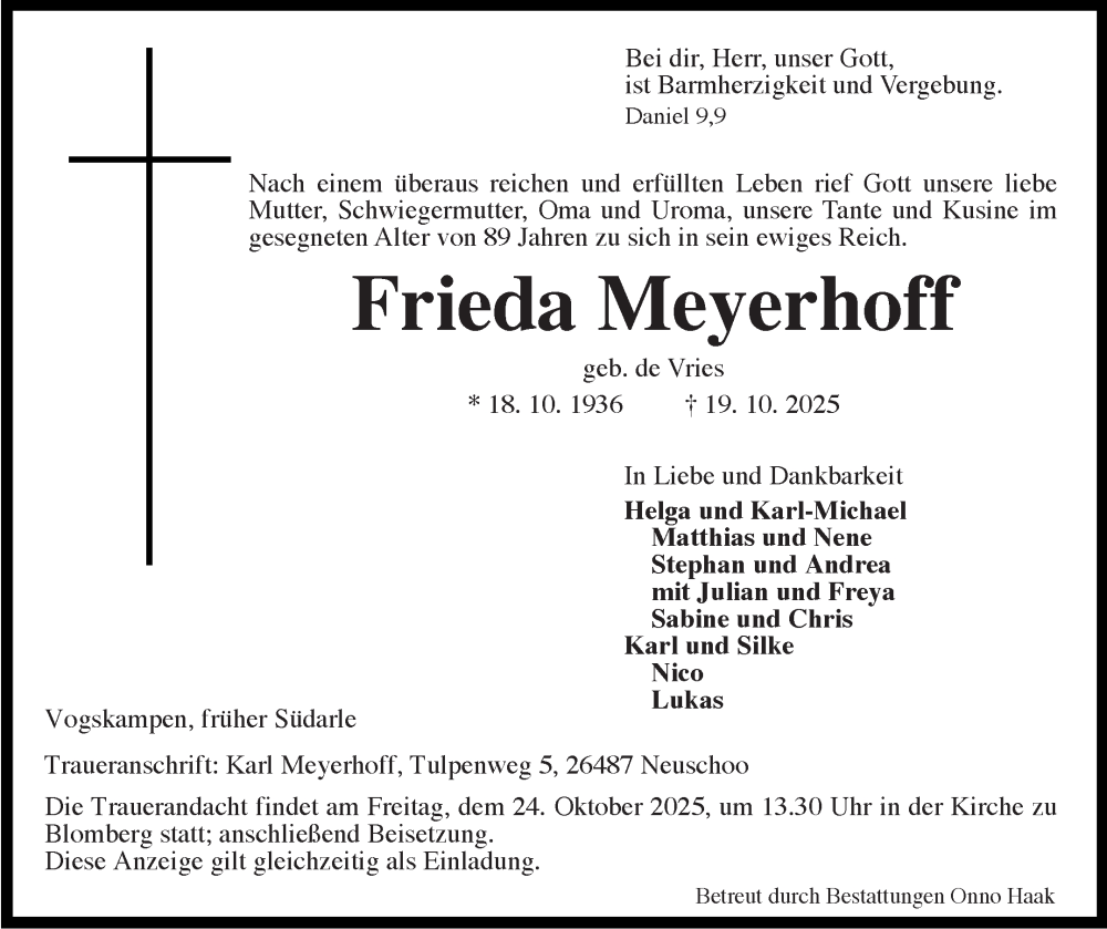  Traueranzeige für Frieda Meyerhoff vom 21.10.2025 aus Ostfriesischer Kurier