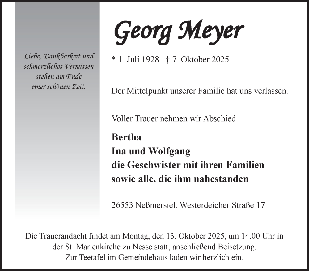  Traueranzeige für Georg Meyer vom 09.10.2025 aus Ostfriesischer Kurier