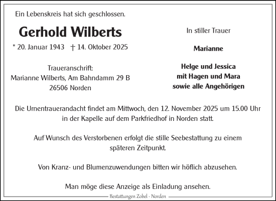 Traueranzeige von Gerhold Wilberts von Ostfriesischer Kurier