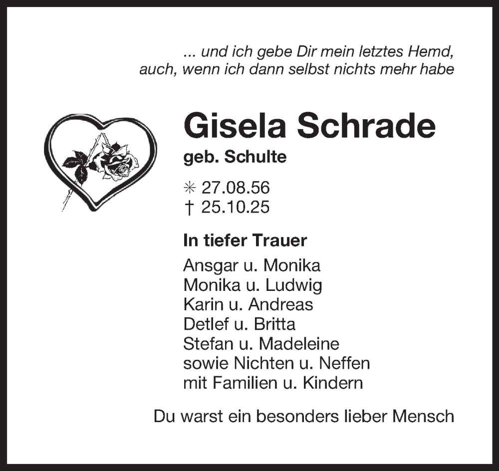  Traueranzeige für Gisela Schrade vom 31.10.2025 aus Ostfrisischer Kurier