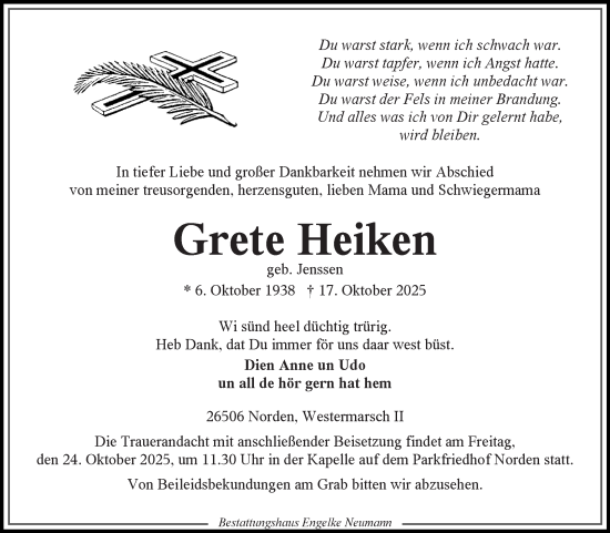 Traueranzeige von Grete Heiken von Ostfriesischer Kurier