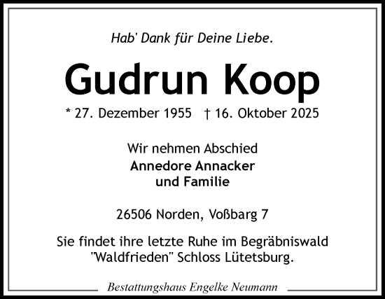 Traueranzeige von Gudrun Koop von Ostfriesischer Kurier