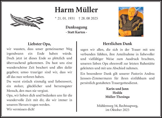 Traueranzeige von Harm Müller von Ostfriesischer Kurier