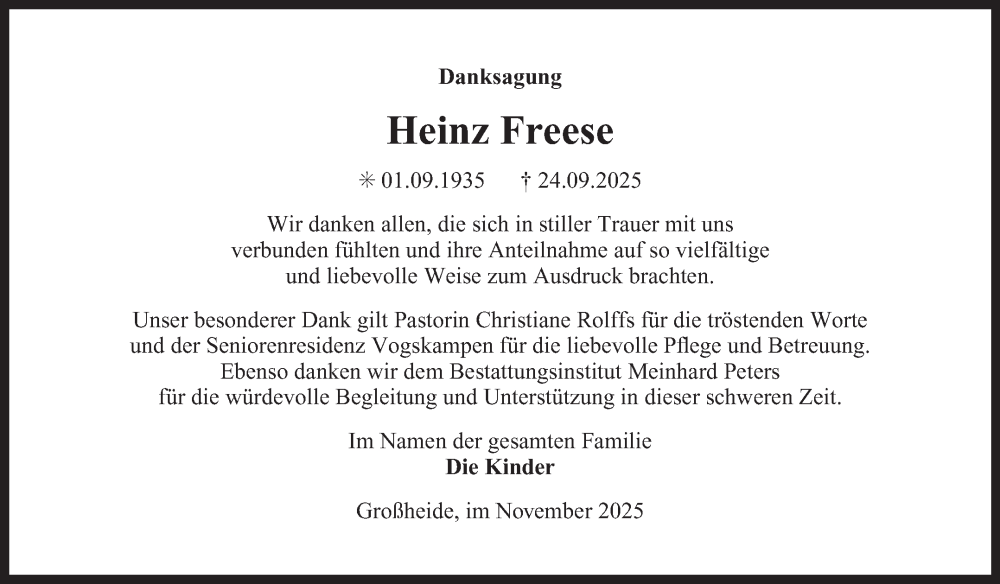  Traueranzeige für Heinz Freese vom 31.10.2025 aus Ostfrisischer Kurier