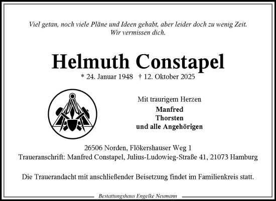Traueranzeige von Helmuth Constapel von Ostfriesischer Kurier