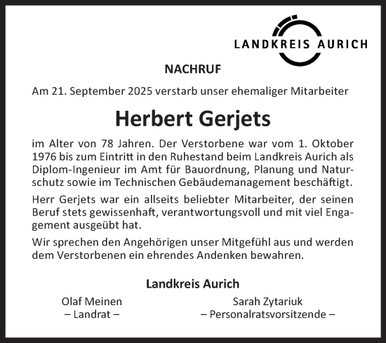 Traueranzeige von Herbert Gerjets von Ostfriesischer Kurier