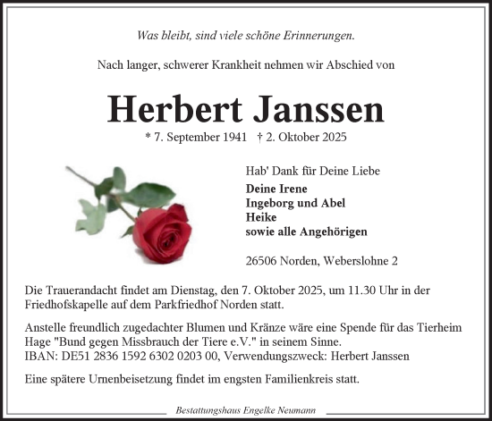 Traueranzeige von Herbert Janssen von Ostfriesischer Kurier