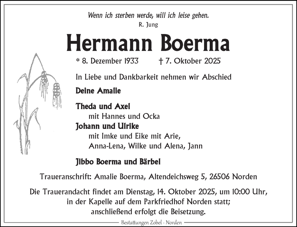  Traueranzeige für Hermann Boerma vom 11.10.2025 aus Ostfriesischer Kurier