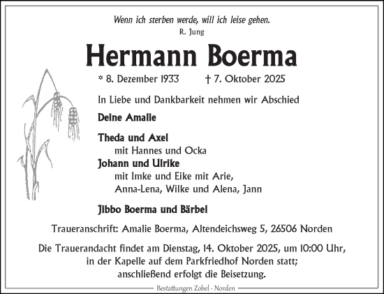 Traueranzeige von Hermann Boerma von Ostfriesischer Kurier