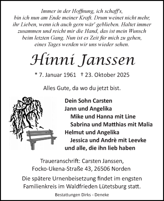 Traueranzeige von Hinni Janssen von Ostfrisischer Kurier