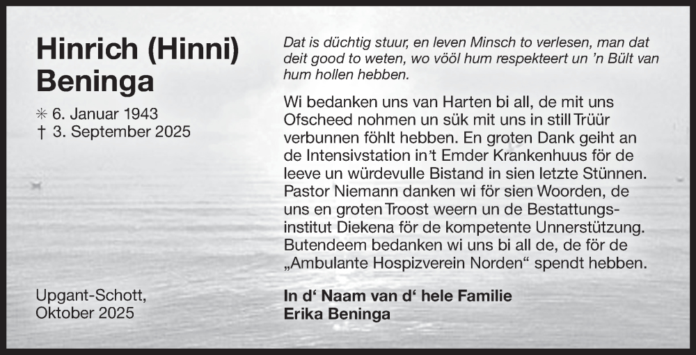  Traueranzeige für Hinrich Beninga vom 25.10.2025 aus Ostfriesischer Kurier