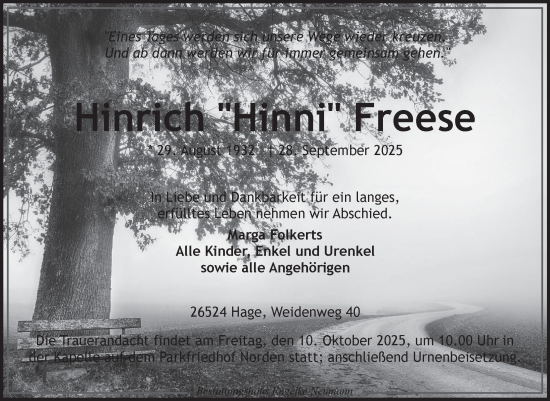 Traueranzeige von Hinrich Freese von Ostfriesischer Kurier