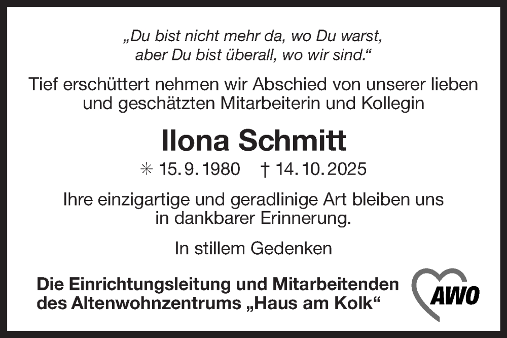  Traueranzeige für Ilona Schmitt vom 18.10.2025 aus Ostfriesischer Kurier