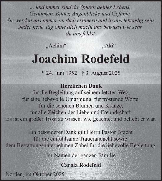 Traueranzeige von Joachim Rodefeld von Ostfriesischer Kurier