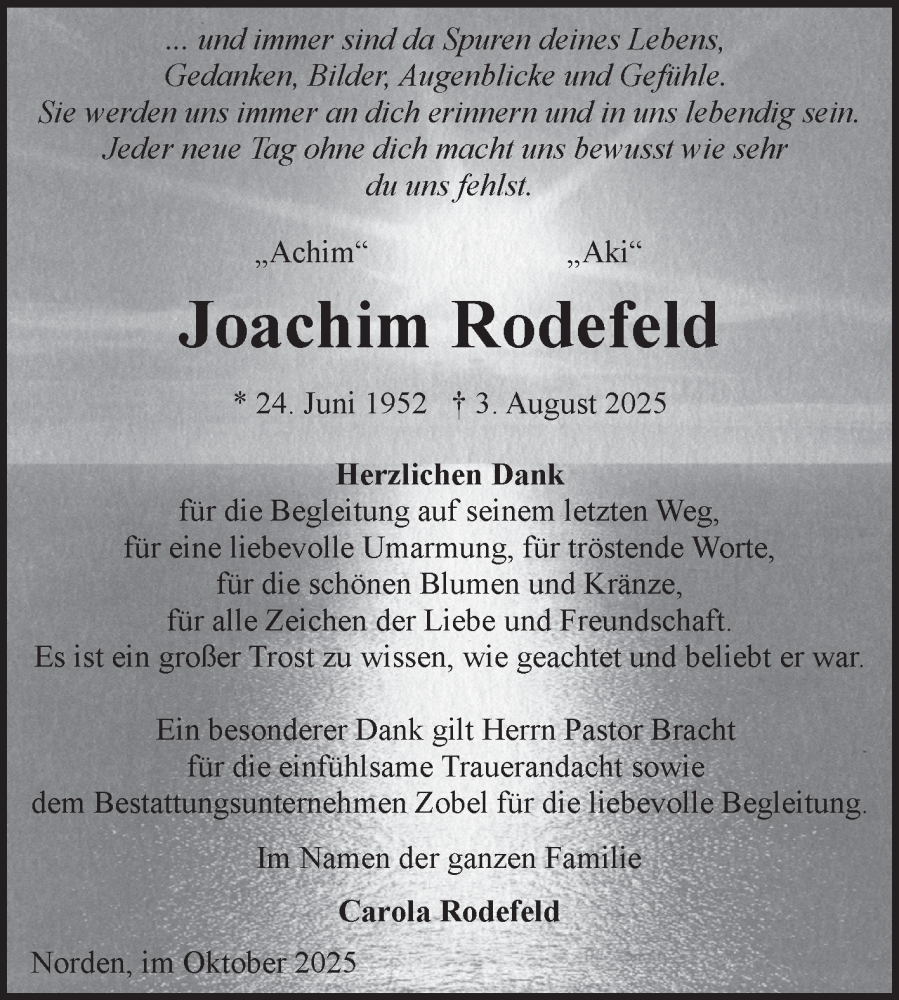  Traueranzeige für Joachim Rodefeld vom 11.10.2025 aus Ostfriesischer Kurier