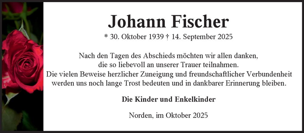  Traueranzeige für Johann Fischer vom 25.10.2025 aus Ostfriesischer Kurier
