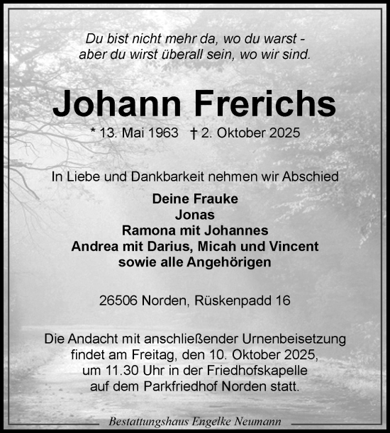 Traueranzeige von Johann Frerichs von Ostfriesischer Kurier