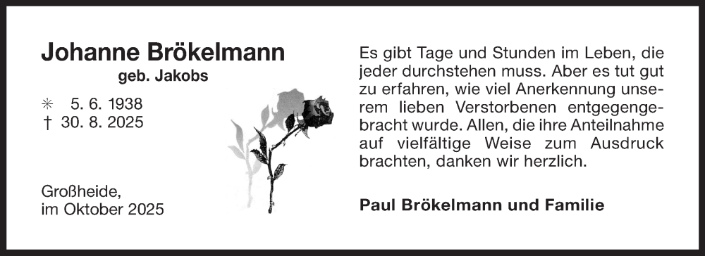  Traueranzeige für Johanne  Brökelmann vom 11.10.2025 aus Ostfriesischer Kurier