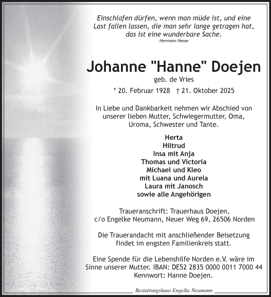  Traueranzeige für Johanne Doejen vom 25.10.2025 aus Ostfriesischer Kurier
