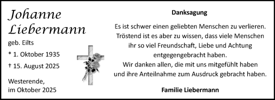Traueranzeige von Johanne Liebermann von Ostfriesischer Kurier