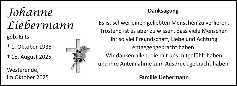  Traueranzeige für Johanne Liebermann vom 11.10.2025 aus Ostfriesischer Kurier