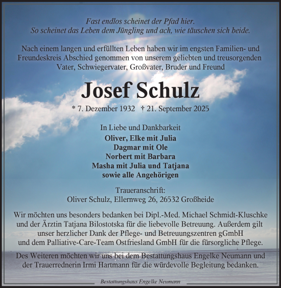 Traueranzeige von Josef Schulz von Ostfriesischer Kurier