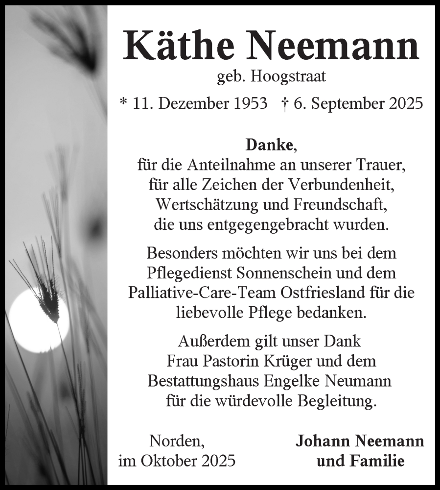  Traueranzeige für Käthe Neemann vom 04.10.2025 aus Ostfriesischer Kurier