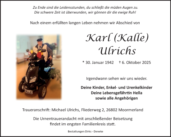 Traueranzeige von Karl Ulrichs von Ostfriesischer Kurier