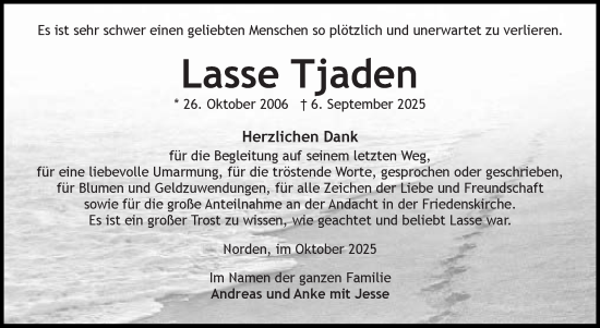 Traueranzeige von Lasse Tjaden von Ostfriesischer Kurier