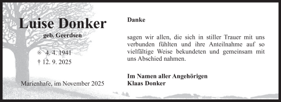 Traueranzeige von Luise Donker von Ostfrisischer Kurier