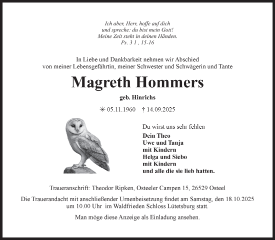 Traueranzeige von Magreth Hommers von Ostfriesischer Kurier
