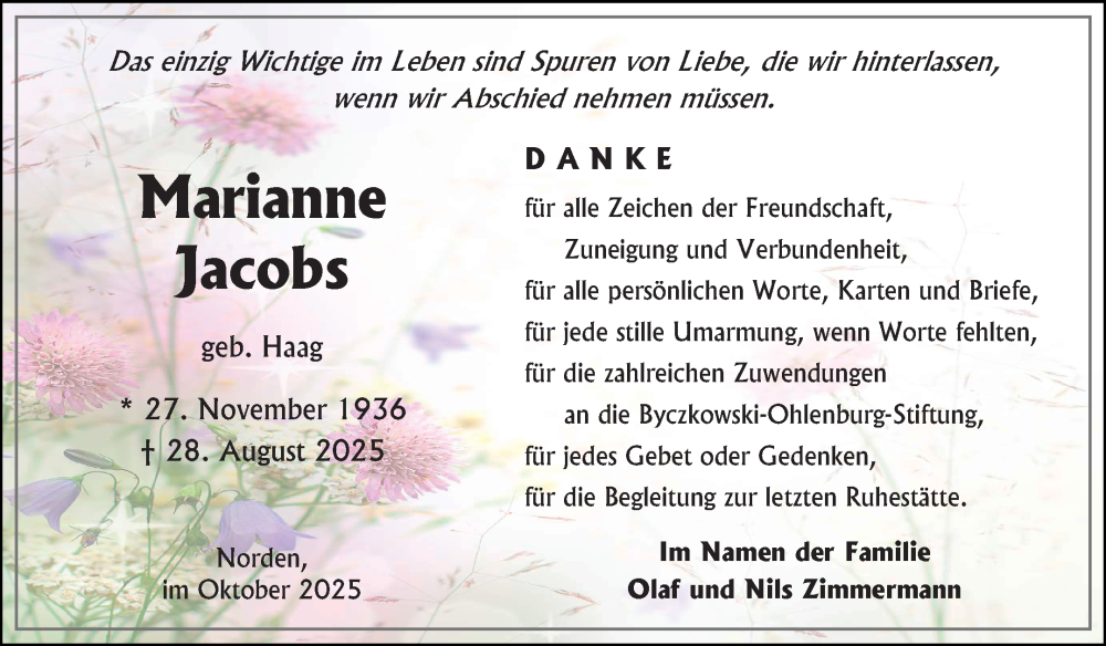  Traueranzeige für Marianne Jacobs vom 11.10.2025 aus Ostfriesischer Kurier