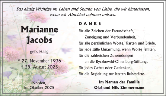 Traueranzeige von Marianne Jacobs von Ostfriesischer Kurier