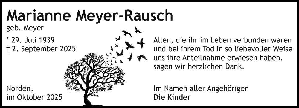  Traueranzeige für Marianne Meyer-Rausch vom 04.10.2025 aus Ostfriesischer Kurier
