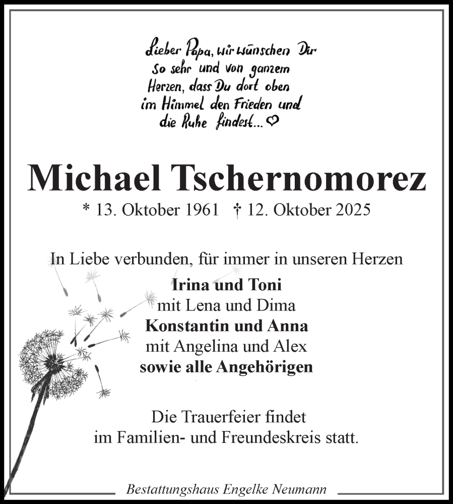  Traueranzeige für Michael Tschernomorez vom 18.10.2025 aus Ostfriesischer Kurier