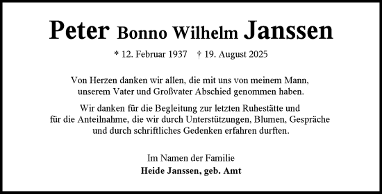 Traueranzeige von Peter Bonno Wilhelm Janssen von Ostfriesischer Kurier