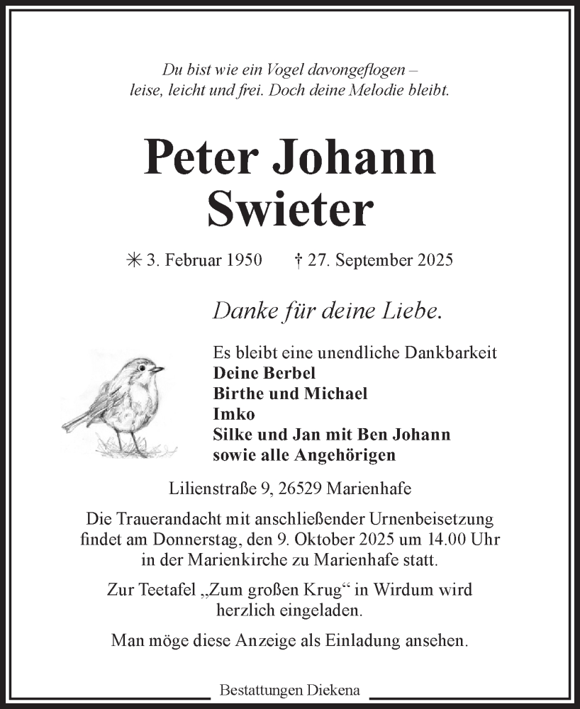  Traueranzeige für Peter Johann Swieter vom 01.10.2025 aus Ostfriesischer Kurier