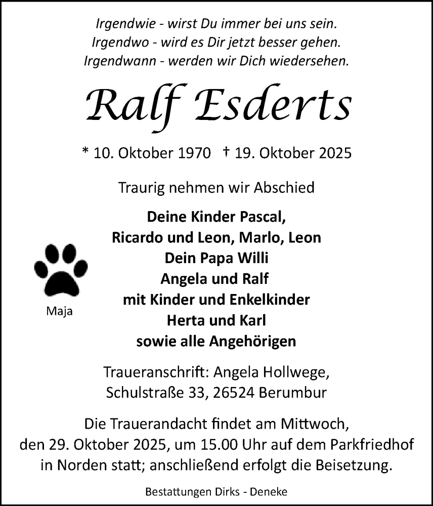  Traueranzeige für Ralf Esderts vom 25.10.2025 aus Ostfriesischer Kurier