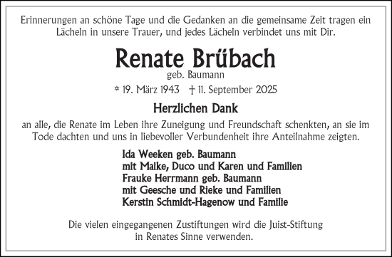Traueranzeige von Renate Brübach von Ostfrisischer Kurier