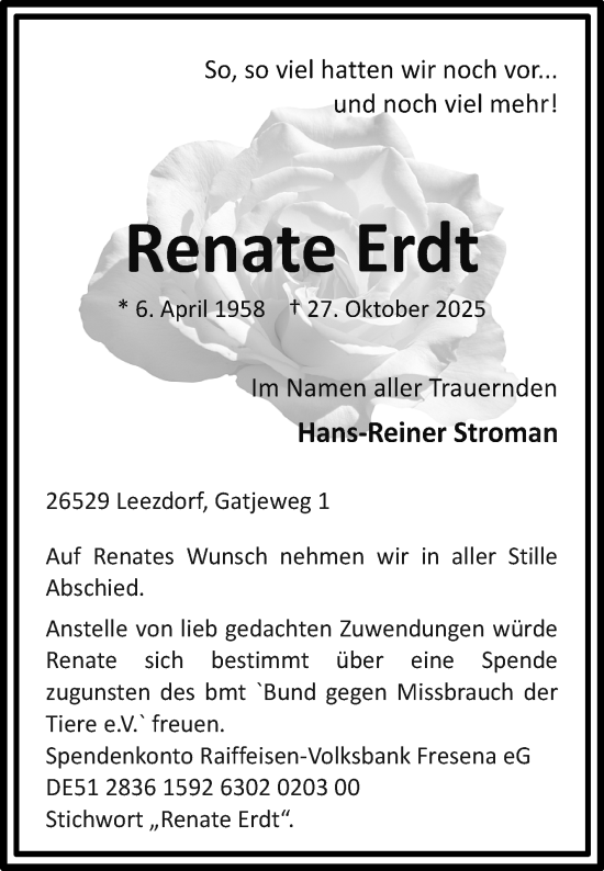 Traueranzeige von Renate Erdt von Ostfrisischer Kurier